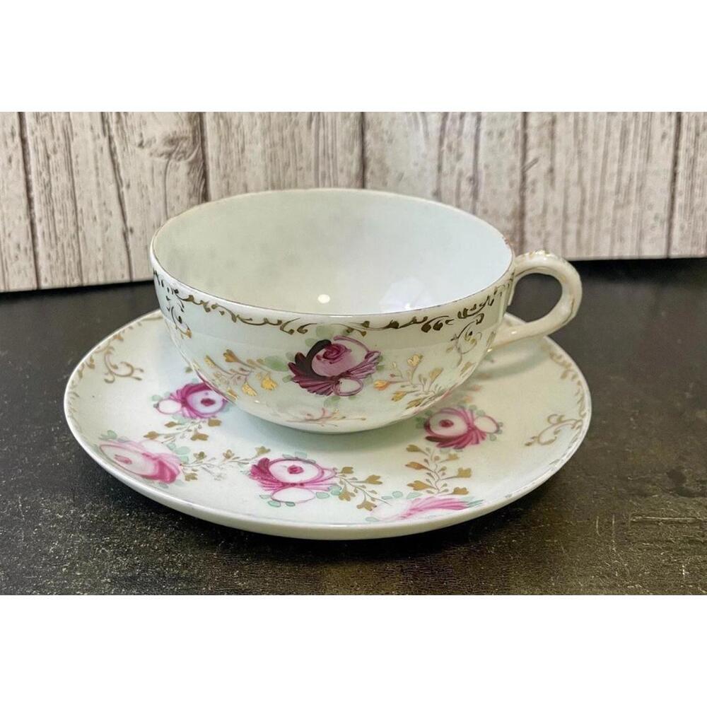 Antique Victorian Crown Staffordshire Bone China Cup Saucer Rose Pansy Gold Trim